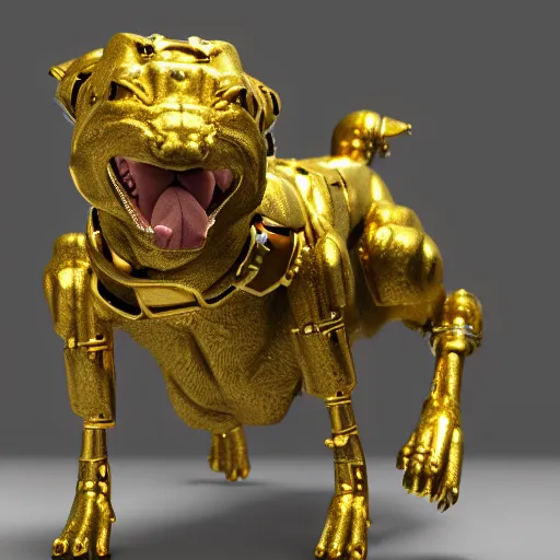 Image similar to hybrid of a cyborg dog and a gold golem, ultra detailed, 8 k, rule of thirds, professional lighting, unreal engine.