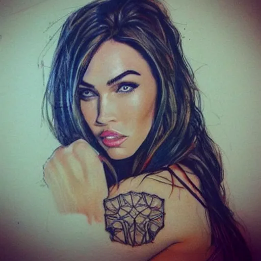 Image similar to megan fox face in the shape of beautiful mountains, double exposure effect, medium sized tattoo sketch, amazing detail, on pinterest