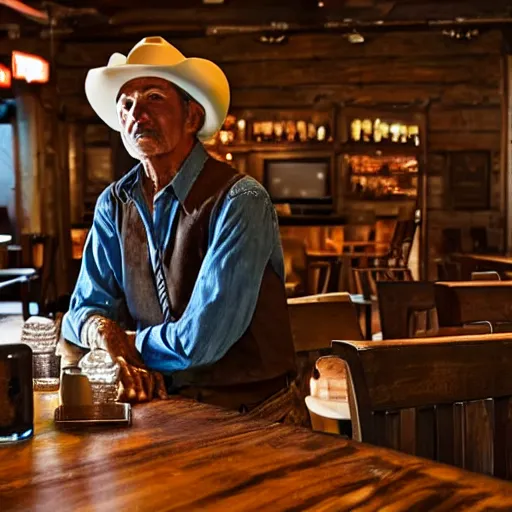 Prompt: an old western cowboy in a modern bar, realistic