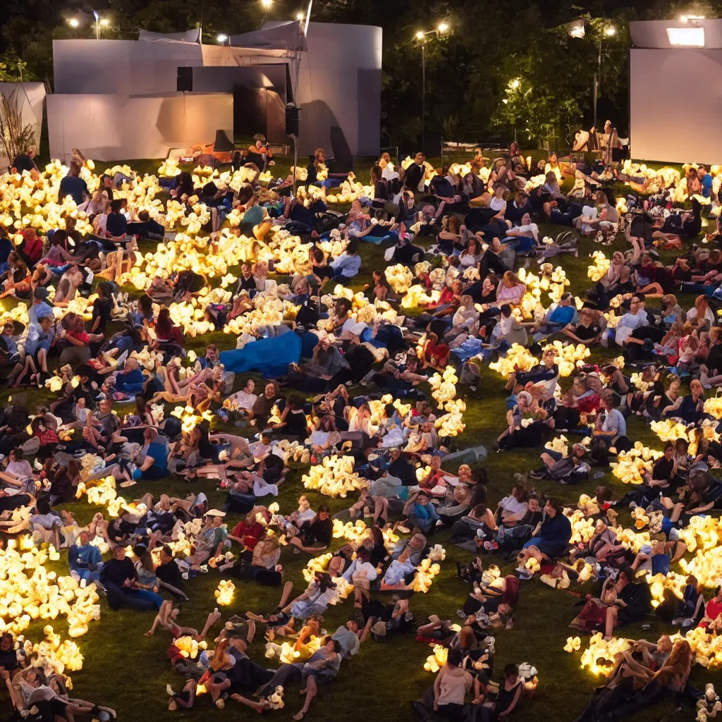 Image similar to outdoor cinema with giant popcorn at night