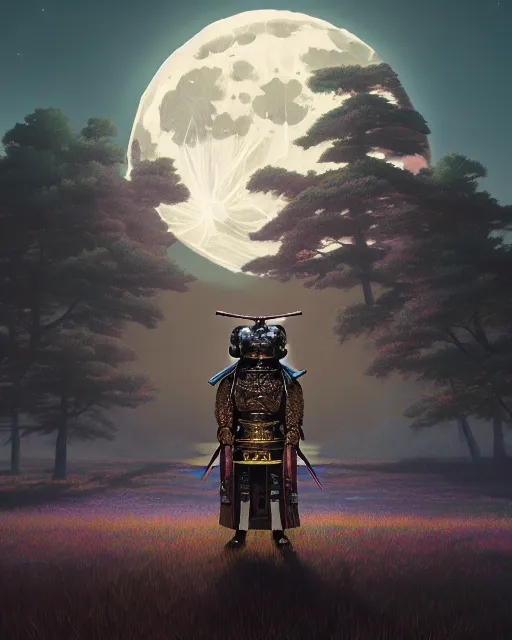 Prompt: highly detailed surreal vfx portrait of a metallic chromatic samurai bear in front of a full moon, stephen bliss, unreal engine, greg rutkowski, loish, rhads, beeple, makoto shinkai and lois van baarle, ilya kuvshinov, rossdraws, tom bagshaw, alphonse mucha, global illumination, detailed and intricate environment