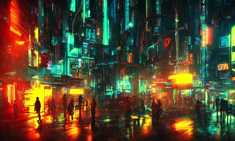 a cyberpunk street scene with neon lights, raining, 4k, Stable Diffusion