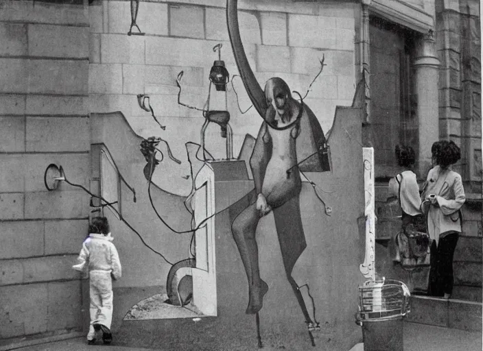 Prompt: aliens entering into a pissoir. marcel duchamp style