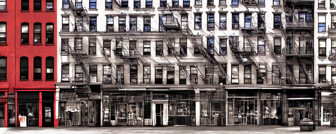 Prompt: building facade. storefronts. city block. new york. digital art