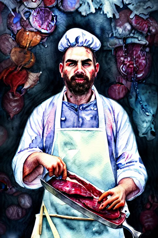 Image similar to watercolor portrait of a butcher with a white apron, raining, romantisism, outrun, pastel colors, painting, dramatic, detailed, by android jones