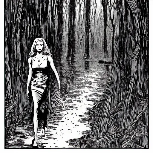 Image similar to tall slender woman with long grey hair in a black dress walking out of a swamp, by ec comics,