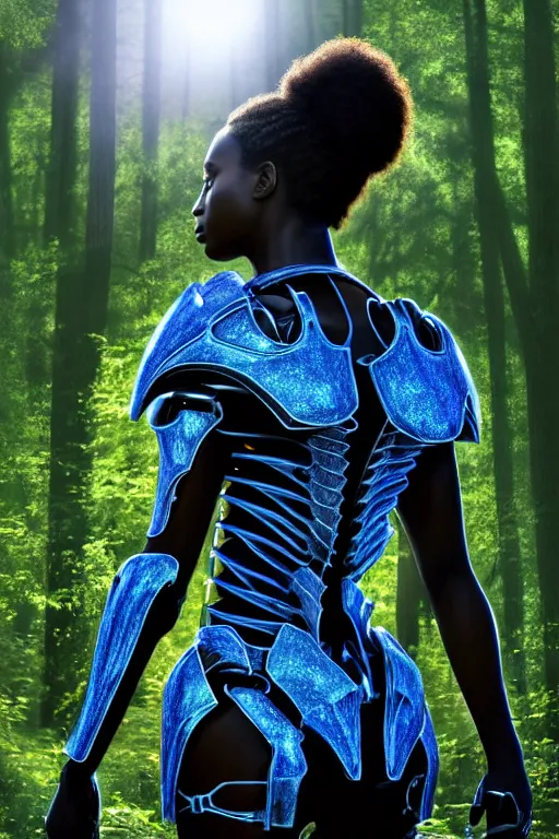 Prompt: hyperrealistic mithra goregous black woman exoskeleton bone armor in a forest sun behind her concept art eric zener elson peter cinematic blue light low angle hd 8k sharp shallow depth of field