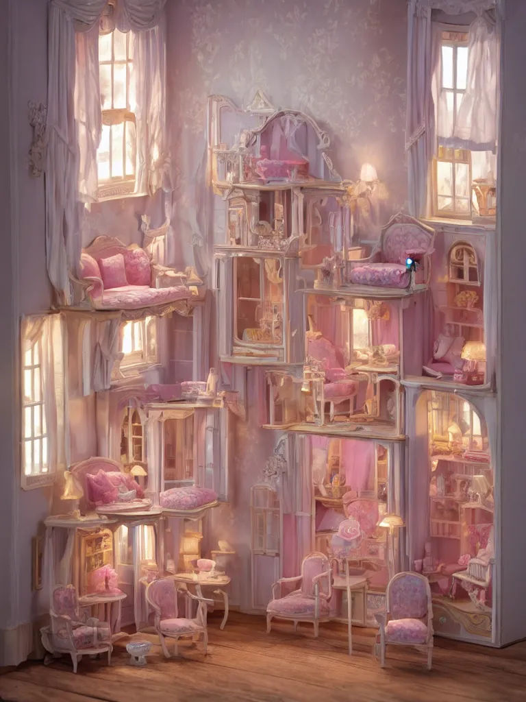 Image similar to hyperrealistic, highly detailed rendering, one source of light, interior of a victorian doll house, polly pocket, cute, strange, pastel tones, victorian furnitures, low natural light, volumetric light windows, oak wood floor, luxe, 8 k, ultra wide angle
