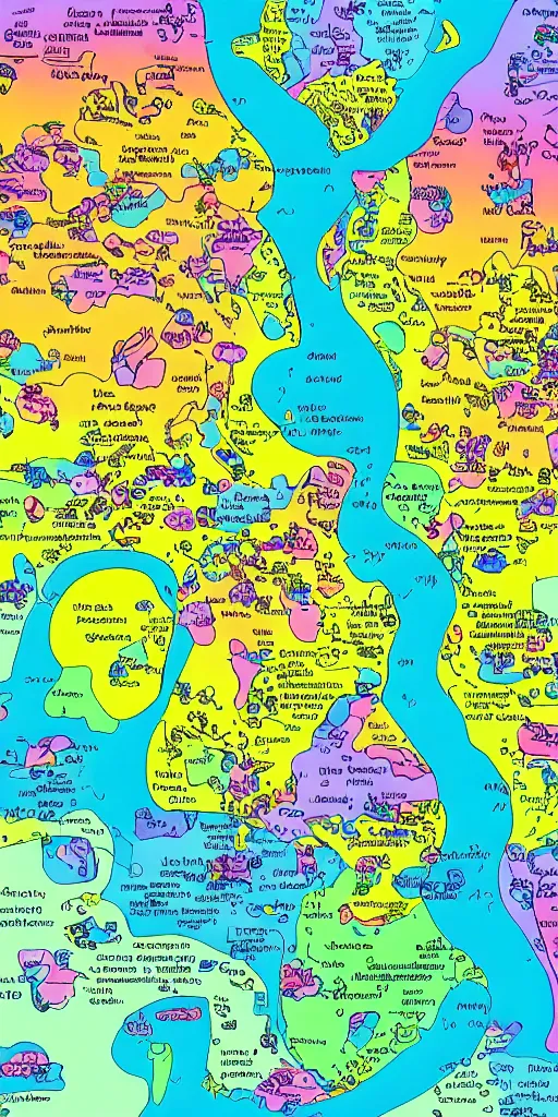 Image similar to infographic map of a heavenly realm split into regions with population information and statistics in the style of a three dimensional map highly detailed digital saturated colors full color inked drawn by bob ross and lisa frank