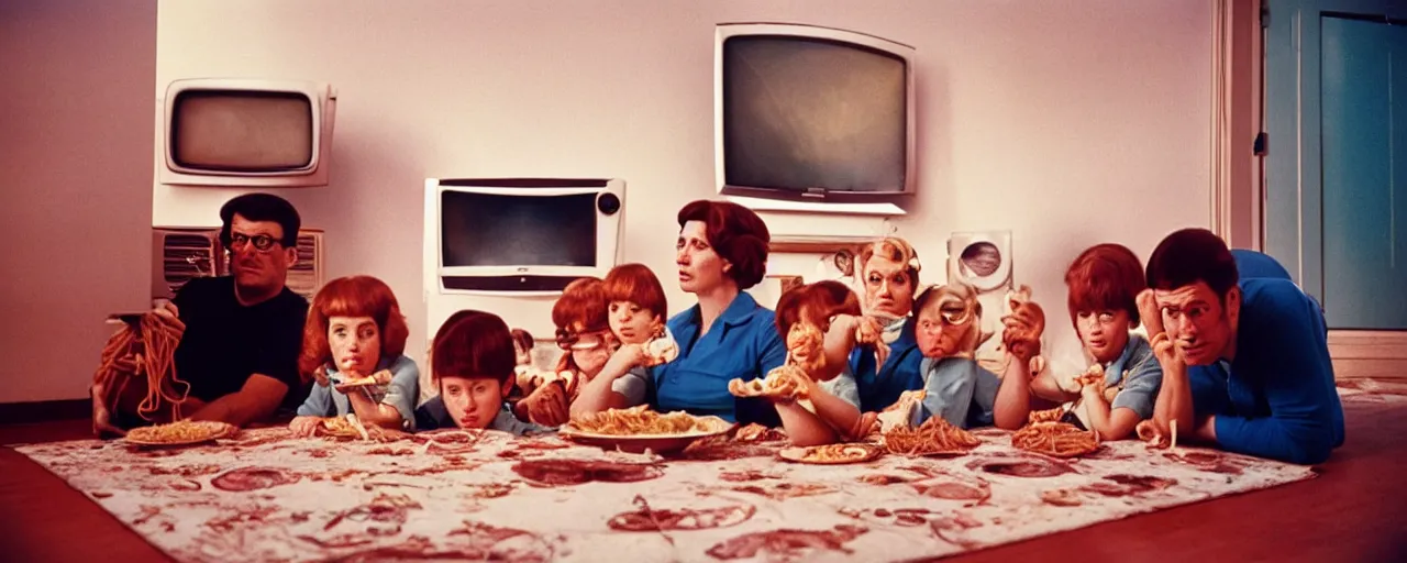 Prompt: a family eating spaghetti watching a tv showing the moon landing, in the style of diane arbus, canon 5 0 mm, wes anderson film, kodachrome, retro