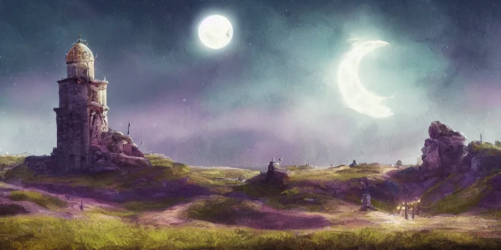 Image similar to The great marble wizards tower, painted landscape,green fields in the background, moody lighting, moon in the night sky, sharp image, artstation, colorful digital art