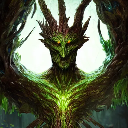 Prompt: a portrait of a evil treant in glass armor releasing spell, full height, moving forward, concept art, trending on artstation, highly detailed, intricate, sharp focus, digital art, 8 k