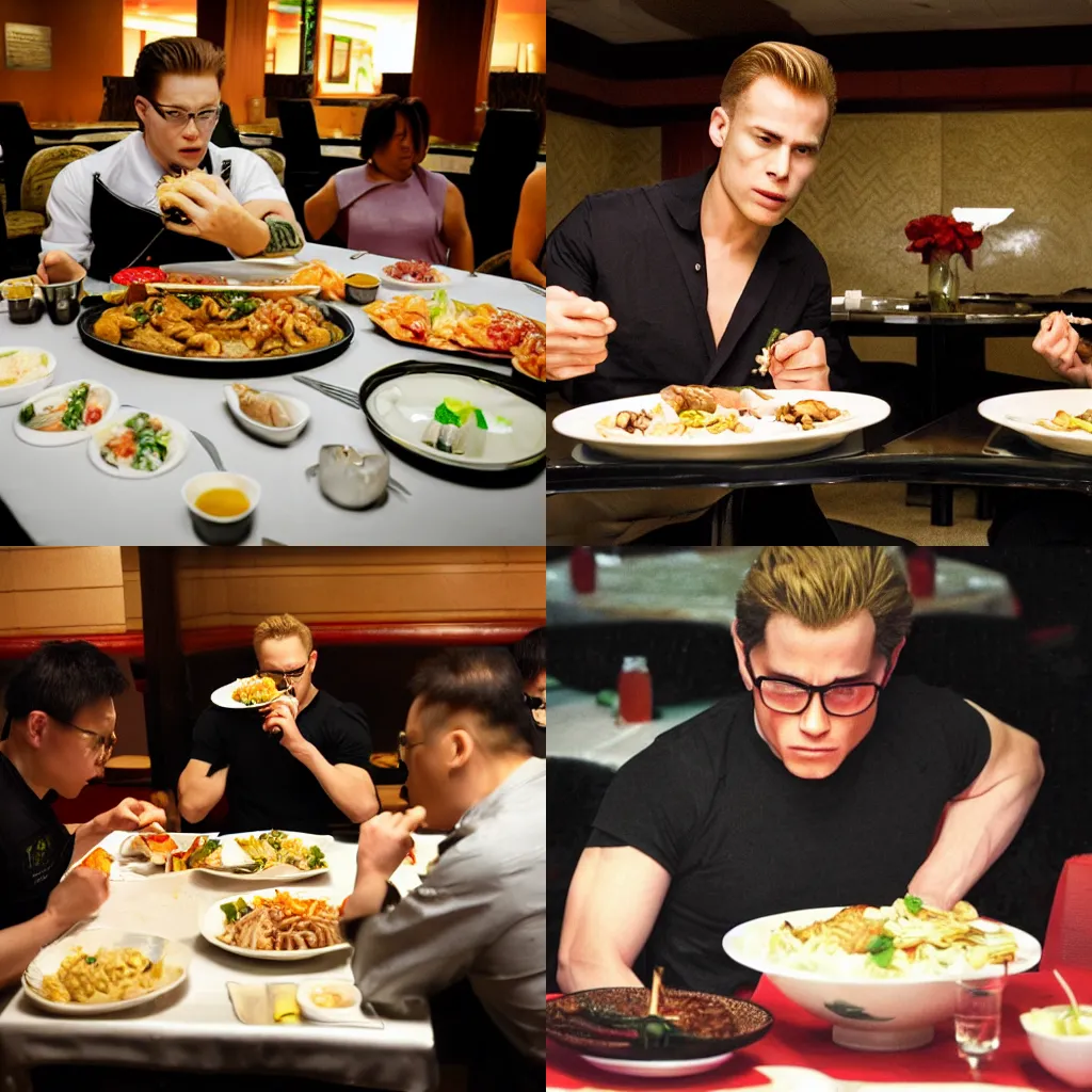 Prompt: Albert Wesker eating at a chinese buffet table, photography