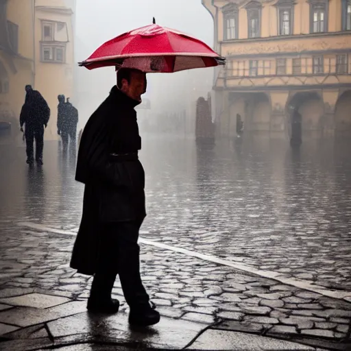 Image similar to a man wearing knights armor walks down a rainy street in prague, photography, movie still, dslr 5 5 mm, 4 k