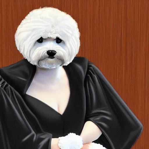 Image similar to a closeup photorealistic illustration of a smiling bichon frise judge wearing a black gown at the bench and commanding the courthouse. this 4 k hd image is trending on artstation, featured on behance, well - rendered, extra crisp, features intricate detail and the style of unreal engine.