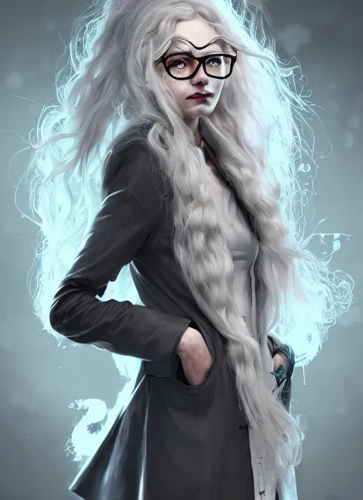 Prompt: a highly detailed illustration of beautiful long white haired mad scientist woman wearing labcoat and glasses, dramatic manic pose, intricate, elegant, highly detailed, centered, digital painting, artstation, concept art, smooth, sharp focus, league of legends concept art, wlop.