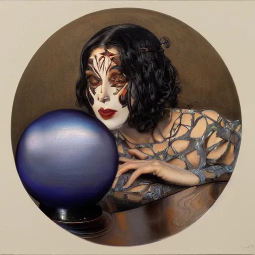 Image similar to portrait of a woman kissing a metal black sphere with a cute face painted on it, by donato giancola