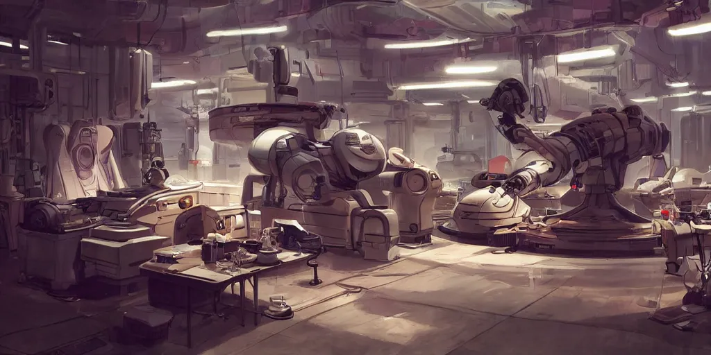 Image similar to concept art, retro - futurist droid repair workshop, soft lighting, soft reflections, octane render, curves, syd mead, akihiko yoshida, cinematic