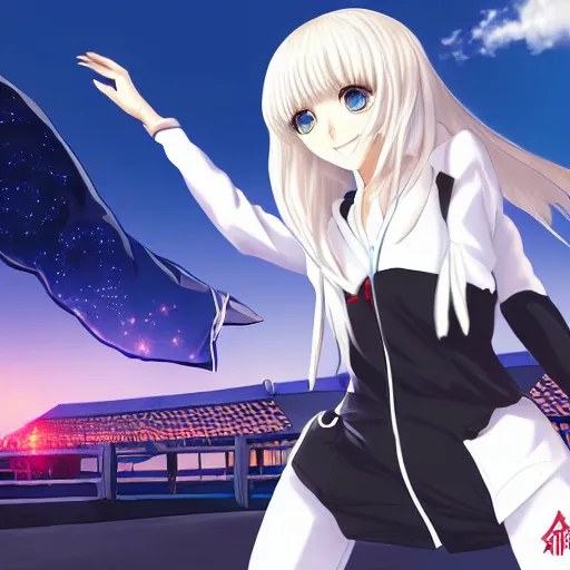 Image similar to aristocratic platinum - blonde - haired hime - cut blue - eyed princess wearing white leggings and black jacket, standing next to communist monument, anime, hd anime wallpaper, hyperrealistic lighting, drawn by artgerm