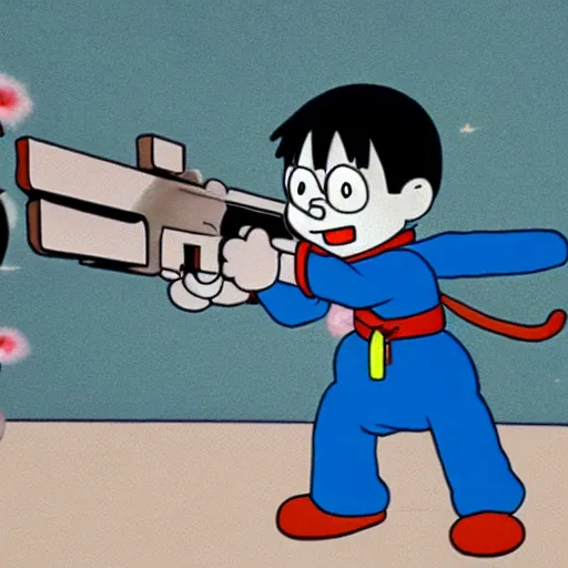Image similar to Doraemon teaching how to disarm a gun