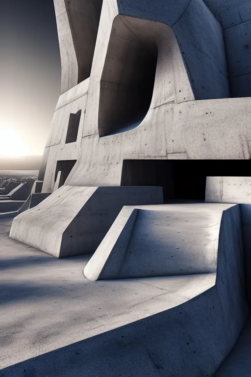 Prompt: sci - fi concrete brutalist architecture in white pocket utah, zaha hadid, beksinski, photoreal, highly detailed, 8 k, hd, vray, artstation, trending on behance, cinematic matte painting, extreme detail photo quality, sunrays, sunset, featured on behance