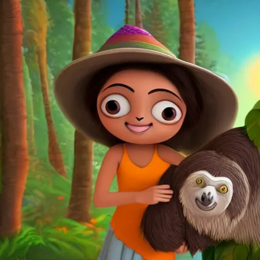 Image similar to a beautiful young indian cottagecore witch holds a cute sloth, disney animation, highly detailed