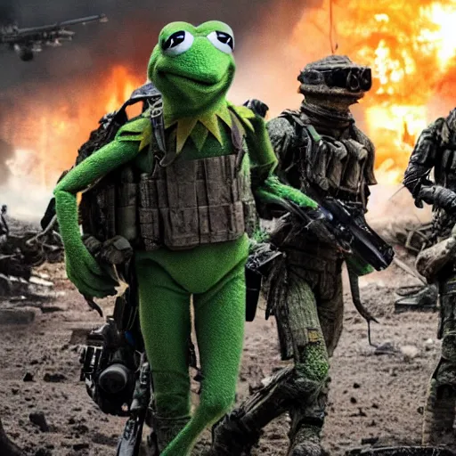 Prompt: action scene of kermit the frog in the movie Edge of Tomorrow (2014), highly detailed, highly textured, atmospheric, night, explosions futuristic