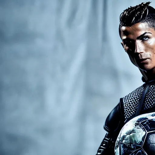 Prompt: cristiano ronaldo wearing Geralt of Rivia's armor, promo shoot, studio lighting,