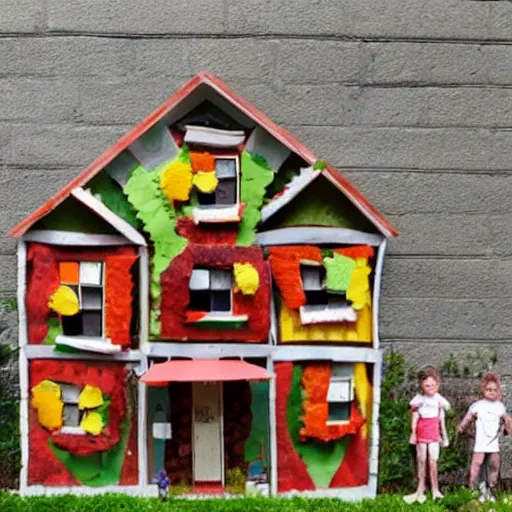 Prompt: photo of a house with kids made out of food leftovers. Highly detailed. Art by Gordon Ramsey