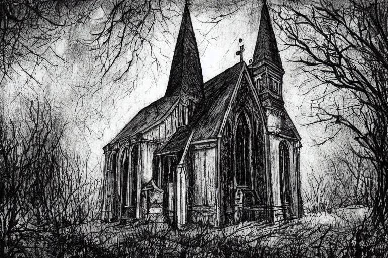 Prompt: mad horror painting of a old church in the woods by ben templesmith