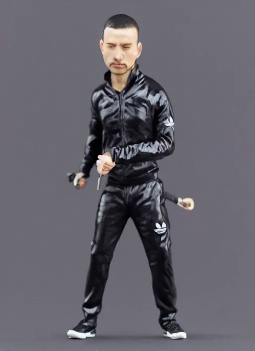 Prompt: 80mm resin detailed miniature of drunk man in black Adidas tracksuit holding knife, Product Introduction Photos, 4K, Full body