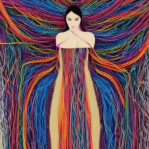 Image similar to woman in a long, flowing dress made of multi-colored wires and cables