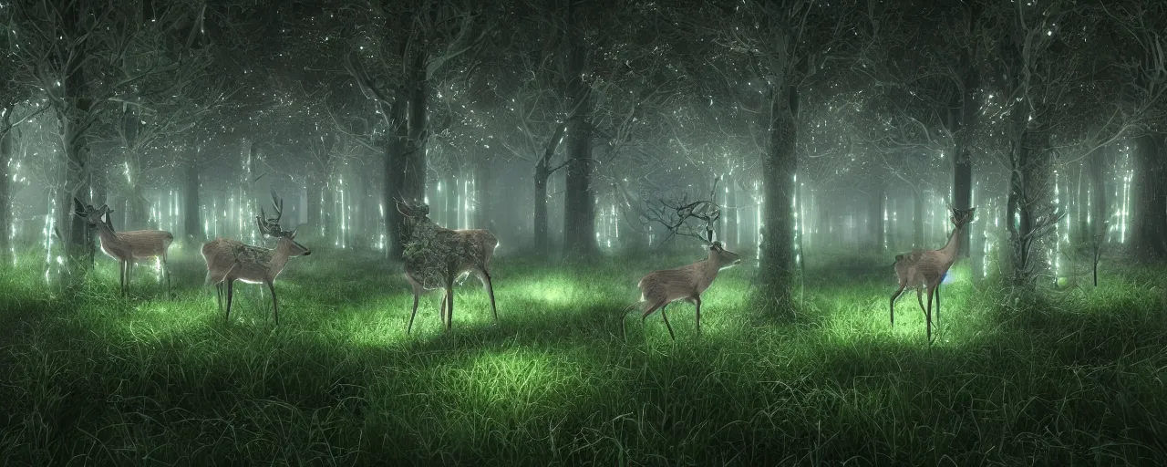 Image similar to deer in an ethereal forest made from glowing circuits and electronics, highly detailed concept art, 3 d, volumetric lighting