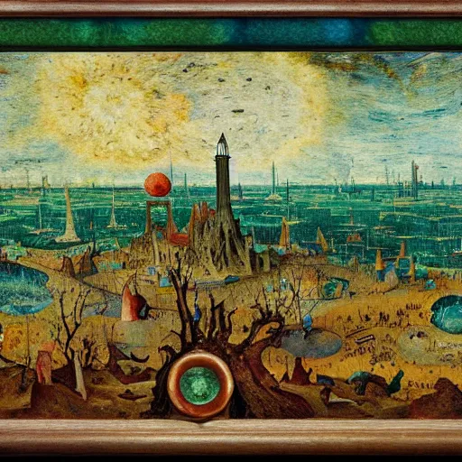 Image similar to and ian, mixed media fractive cosmic lagoon ash tree atomic bell, by h. p. lovecraft and pieter bruegel the elder, volumpled, 4 k flying impressionist island c