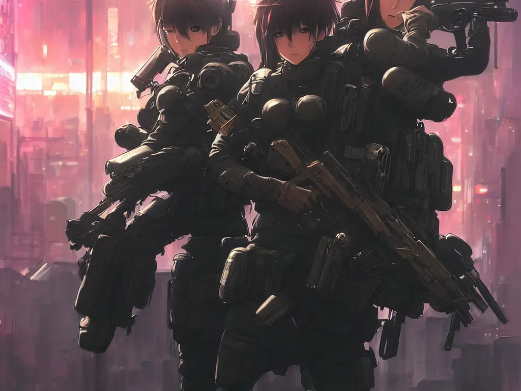 Image similar to anime key visual of a young female swat officer fighting male blood hound, neon, cyberpunk, futuristic, stunning, highly detailed, digital painting, smooth, soft focus, illustration, movie poster, japanese typography, digital art from artstation by artgerm and greg rutkowski and alphonse mucha