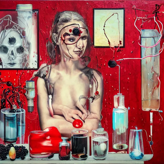 Prompt: red drips, portrait of a female art student, scientific glassware, oscilloscope, x - ray, sensual, sweet almost oil, almond blossom, squashed berries dripping, octopus, candlelight, neo - impressionist, surrealism, acrylic and spray paint and oilstick on canvas