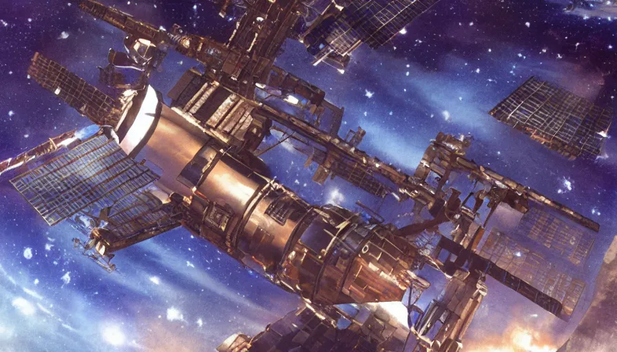 Image similar to The space station Babylon 5 glinting in the night, cinematic lighting, concept art