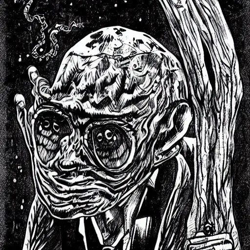 Image similar to a Pop Wonder scary horror themed goofy-hilarious-swamp-bog-monster-spaced-out-dead-head-with-space-in-his-oraphus, 3-piece-suit, dime-store-comic drawn with charcoal and pen and ink, half-tone-line-stacking