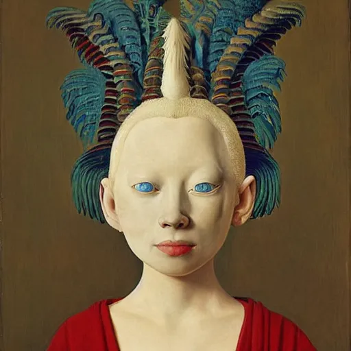 Image similar to portrait of albino girl with blue eyes, with beautiful exotic, archaic, prehistoric, Balinese mask, sculpture. Painting by Jan van Eyck, Audubon, Rene Magritte, Agnes Pelton, Max Ernst, Walton Ford,