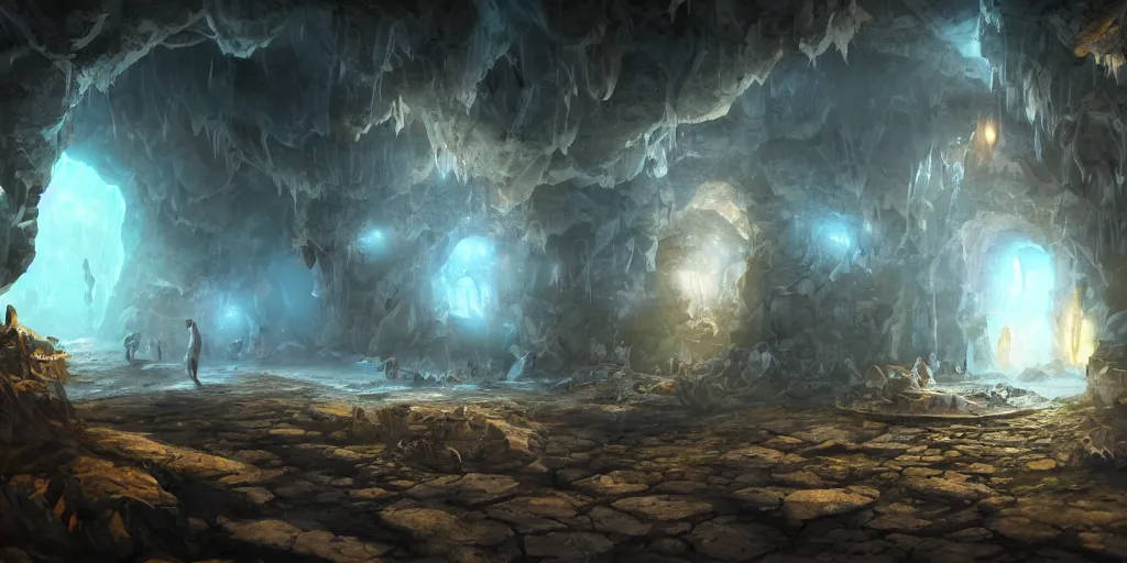 Image similar to fantasy matte painting of a cave with huge glowing crystals in the walls and piles of bones on the floor, fantasy, sharp focus, artstation