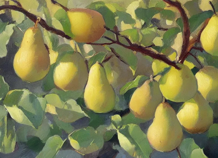 Image similar to oil painting of translucent pears on tree by greg manchess