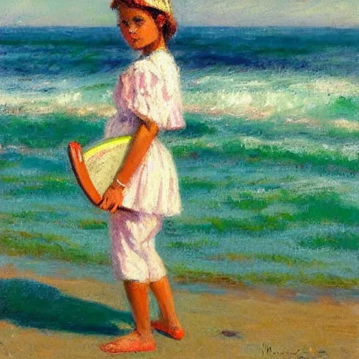 Image similar to by maximilien luce khaki, pastel white composed. the painting of a young girl in a traditional hula outfit. she is standing on a surfboard in front of a beautiful ocean landscape.