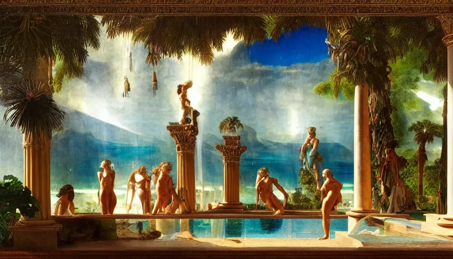 Image similar to Inside the Palace of the occult, mediterranean balustrade and columns, refracted sparkles, thunderstorm, greek pool, beach and Tropical vegetation on the background major arcana sky and occult symbols, by paul delaroche, hyperrealistic 4k uhd, award-winning, very detailed paradise