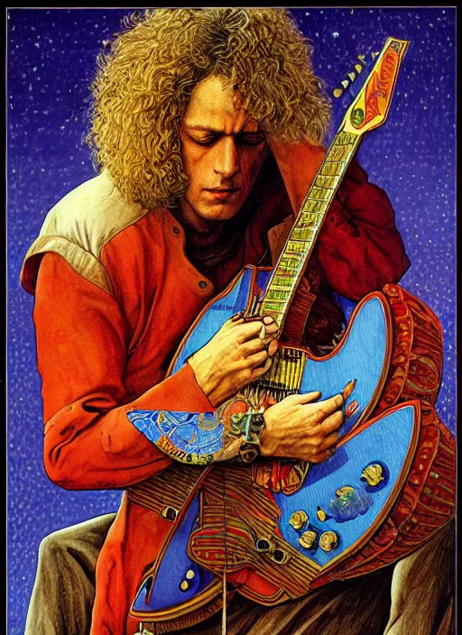 Image similar to an awesome jean giraud graphic art of pat metheny in the style of a renaissance masters portrait, mystical and new age symbolism and tibetan book of the dead imagery, intricately detailed, 4 k