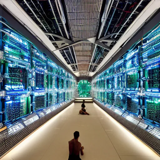Image similar to diverse groups of humans swimming inside of supercomputers, wide angle, elaborate, highly detailed, beautiful lighting