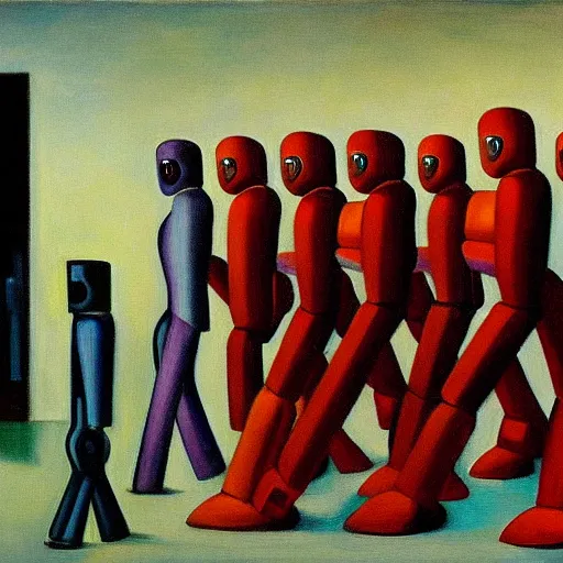Image similar to robots herding humans, human subjugation, mind control, dystopian, pj crook, edward hopper, oil on canvas
