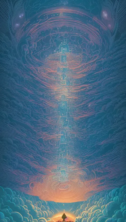Prompt: the ancient portal of the luminous dream spirits on cosmic cloudscape, futurism, dan mumford, victo ngai
