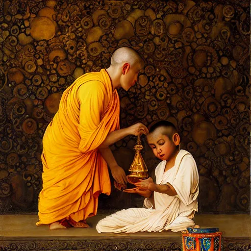 Image similar to old srilankan buddhist monk pouring liquid gold into buddhist monk kid head baroque style, painting by gaston bussiere, craig mullins, j. c. leyendecker, lights, art by ernst haeckel, john william godward, hammershøi,