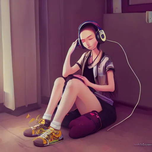 Prompt: lofi hiphop girl sitting in her room with headphones on by Wenqing Yan, WLOP, Zumidraws, OlchaS Logan cure liang Xing