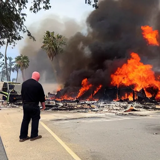 Prompt: rick harrison on his knees crying as his pawn shop burns to the ground